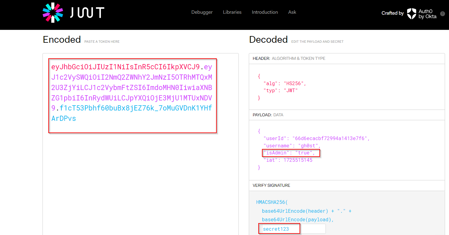 jwt.io interface showing isAdmin set to true and secret123 as signing key