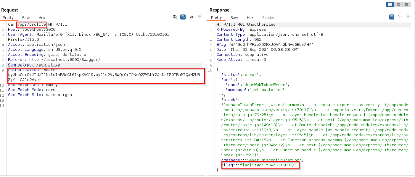 Stack trace error response from /api/profile after sending malformed JWT