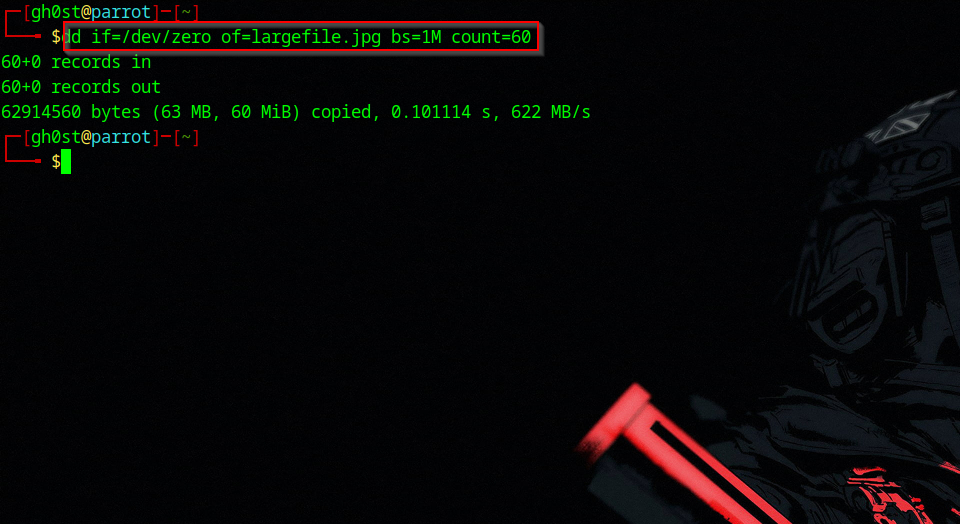 Terminal showing dd command creating a 100MB file
