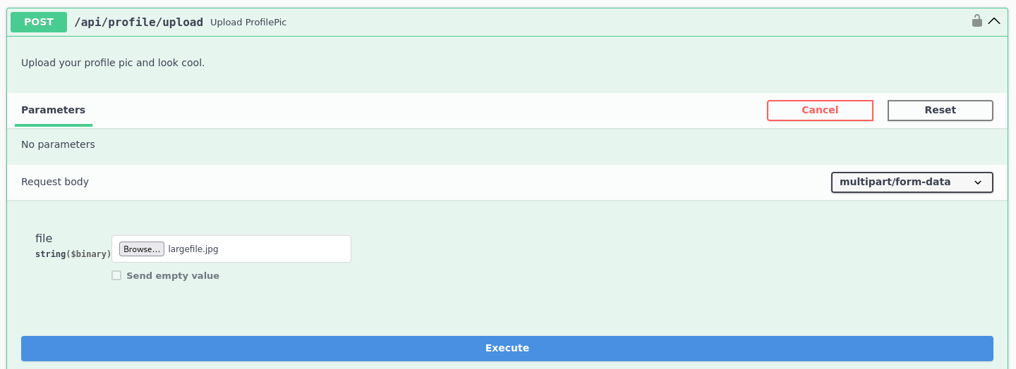 Burp showing the large file upload request being sent to /api/profile/upload