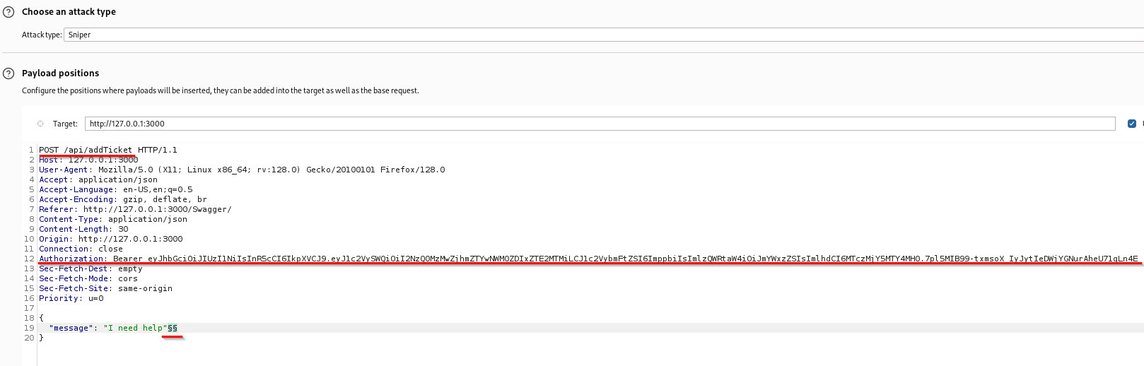 Burp Intruder results showing 99 successful ticket creations with 200 status