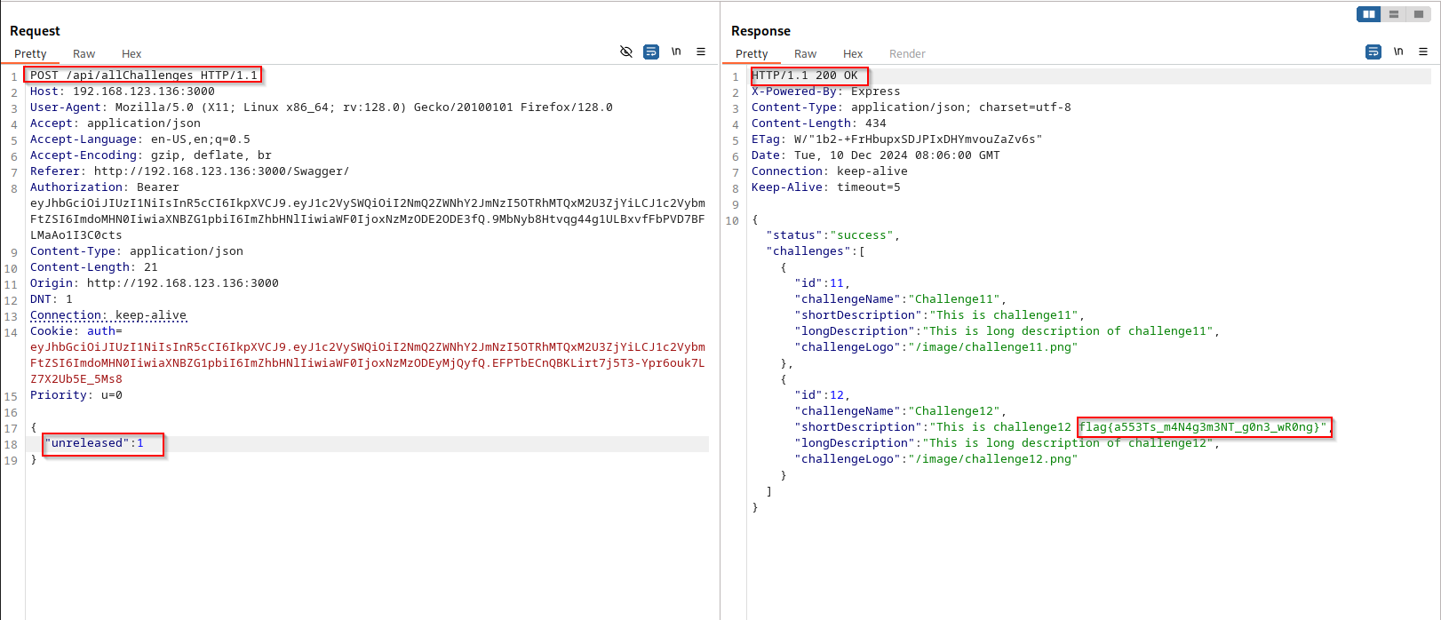 NoSQL injection in /api/login — password field replaced with MongoDB $ne operator